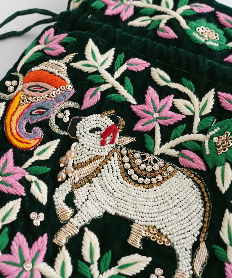 インド雑貨】インドモチーフビーズ刺繍巾着バッグ /green | kapuwa