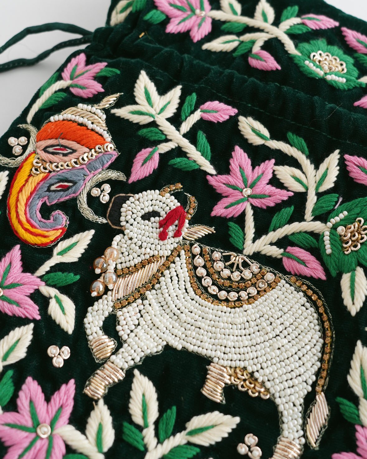 インド雑貨】インドモチーフビーズ刺繍巾着バッグ /green | kapuwa