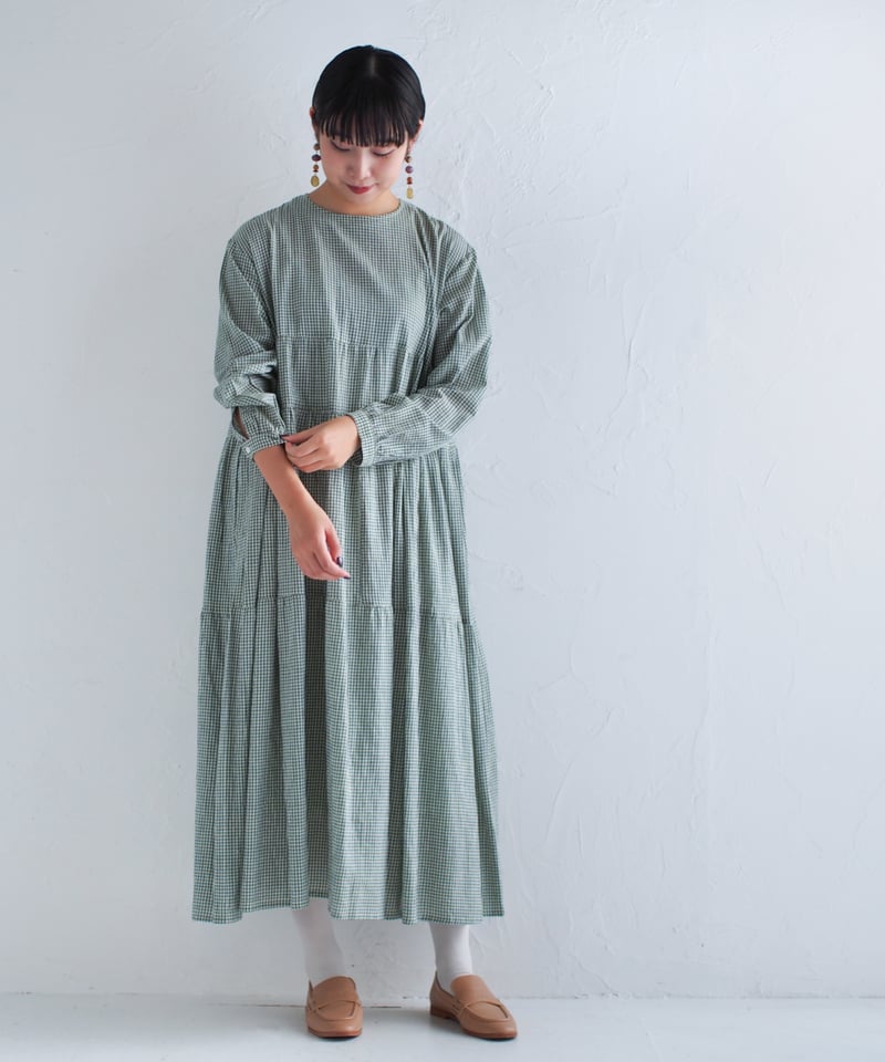 極美品 群言堂 登美 バンドカラー コットンウール ワンピース チェック柄 大きいサイズ レディース エスニック柄コットンワンピース goldy