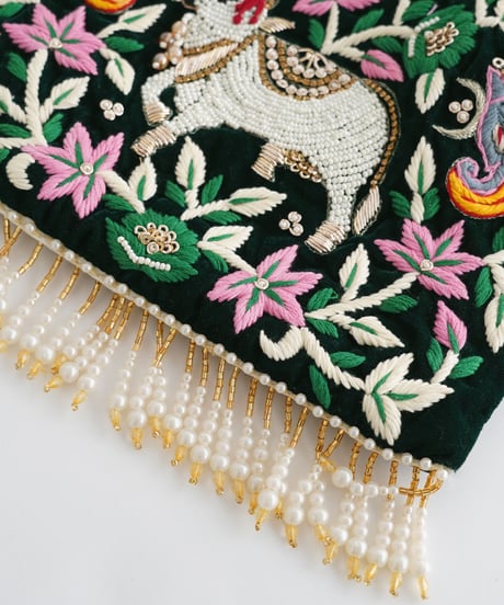 【インド雑貨】インドモチーフビーズ刺繍巾着バッグ /green