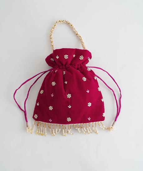 【インド雑貨】インドモチーフビーズ刺繍巾着バッグ / pink
