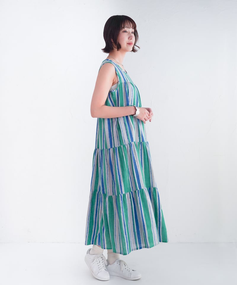 45R インドカディ　ノースリーブワンピース Multi stripeカディティアードワンピース | kapuwa