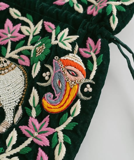 【インド雑貨】インドモチーフビーズ刺繍巾着バッグ /green