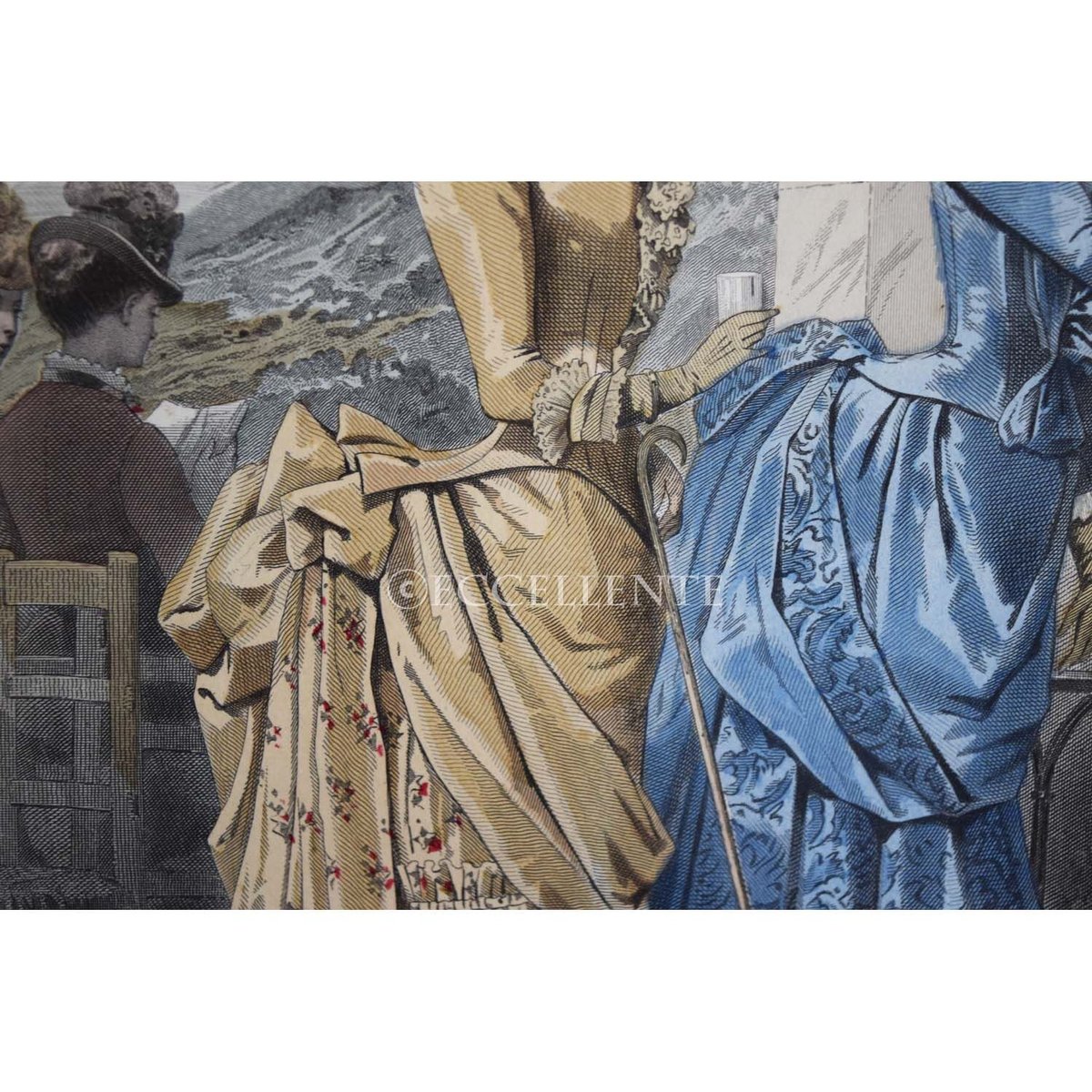 フランスアンティーク 貴婦人のリトグラフ　 手採色　1860年代 フランスアンティーク 貴婦人のリトグラフ 手採色 1860年代