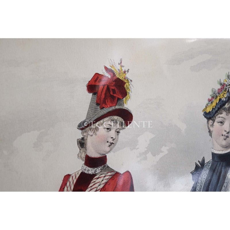 アンティーク雑貨】リトグラフ 19世紀モードスナップ（レッド・ブルー