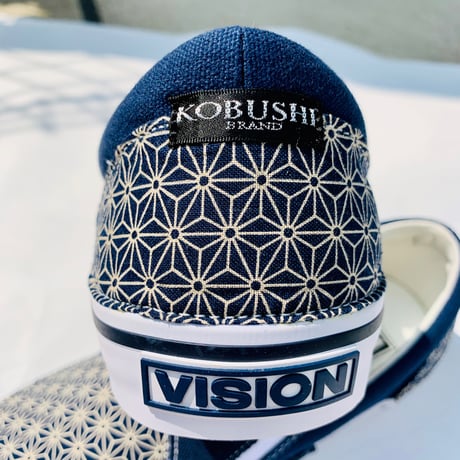 【新作 別注】VISION STREET WEAR CANVAS SLIP ON（WHITE/NAVY）REMAKE 麻紋柄　ヴィジョン　スリッポン　KOBUSHI BRAND／拳BRAND