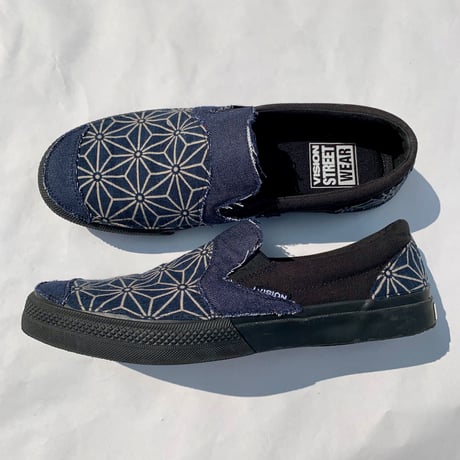 【新作 別注】VISION STREET WEAR CANVAS SLIP ON（BLACK/NAVY）REMAKE 麻紋柄　ヴィジョン　スリッポン　KOBUSHI BRAND／拳BRAND