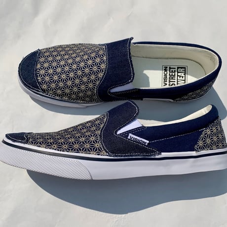 【新作 別注】VISION STREET WEAR CANVAS SLIP ON（WHITE/NAVY）REMAKE 麻紋柄　ヴィジョン　スリッポン　KOBUSHI BRAND／拳BRAND