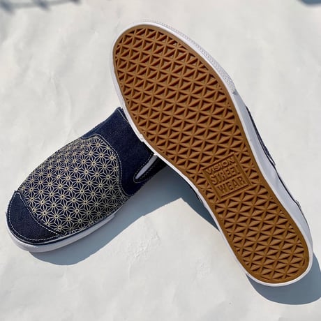 【新作 別注】VISION STREET WEAR CANVAS SLIP ON（WHITE/NAVY）REMAKE 麻紋柄　ヴィジョン　スリッポン　KOBUSHI BRAND／拳BRAND