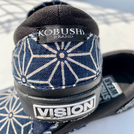 【新作 別注】VISION STREET WEAR CANVAS SLIP ON（BLACK/NAVY）REMAKE 麻紋柄　ヴィジョン　スリッポン　KOBUSHI BRAND／拳BRAND
