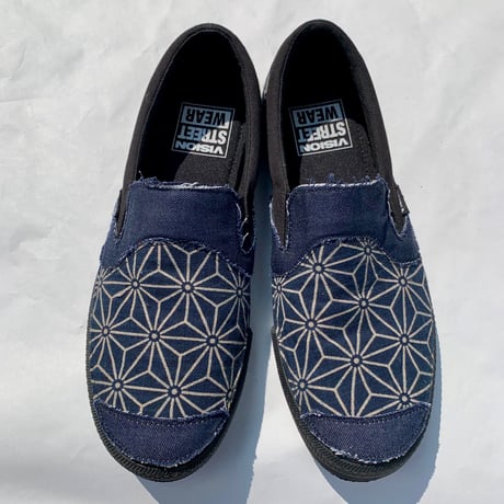 【新作 別注】VISION STREET WEAR CANVAS SLIP ON（BLACK/NAVY）REMAKE 麻紋柄　ヴィジョン　スリッポン　KOBUSHI BRAND／拳BRAND