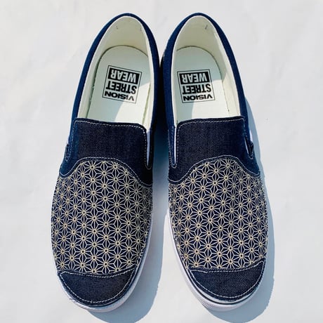 【新作 別注】VISION STREET WEAR CANVAS SLIP ON（WHITE/NAVY）REMAKE 麻紋柄　ヴィジョン　スリッポン　KOBUSHI BRAND／拳BRAND