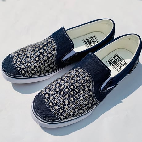 【新作 別注】VISION STREET WEAR CANVAS SLIP ON（WHITE/NAVY）REMAKE 麻紋柄　ヴィジョン　スリッポン　KOBUSHI BRAND／拳BRAND