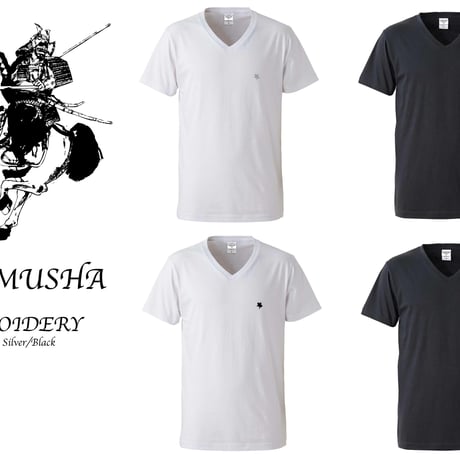 KIBAMUSHA EMBROIDERY V-NECK TEE／鬼馬武者刺繍VネックTシャツ／KOBUSHI BRAND／コブシブランド（WHITE/SILVERシルバー刺繍)