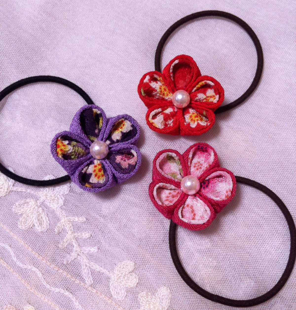 つまみ細工＊お花ヘアゴム | レインボーフラワー