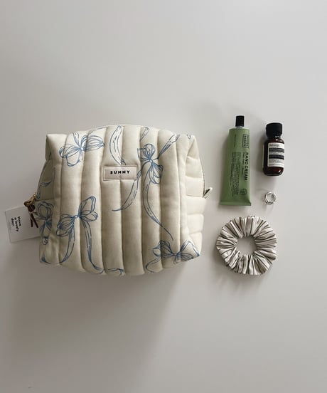 即納/Organic cotton quilted pouch/Big/Vintage ribbons blue