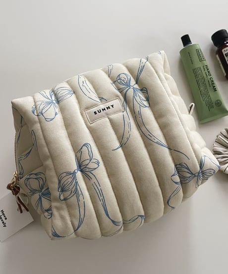 即納/Organic cotton quilted pouch/Big/Vintage ribbons blue