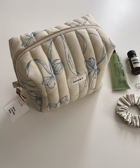 即納/Organic cotton quilted pouch/Big/Vintage ribbons blue