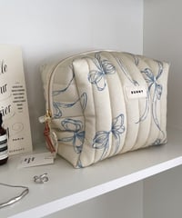 即納/Organic cotton quilted pouch/Big/Vintage ribbons blue