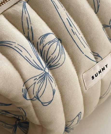 即納/Organic cotton quilted pouch/Big/Vintage ribbons blue