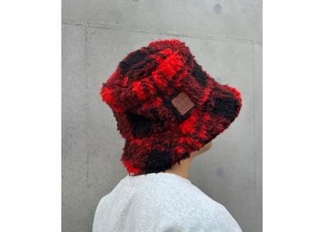新型🔴⚫チェックボア⚫🔴革タグ バケット サウナハット  Bucket Sauna Hat ボア & メッシュ素材 オリジナル商品 男女兼用
