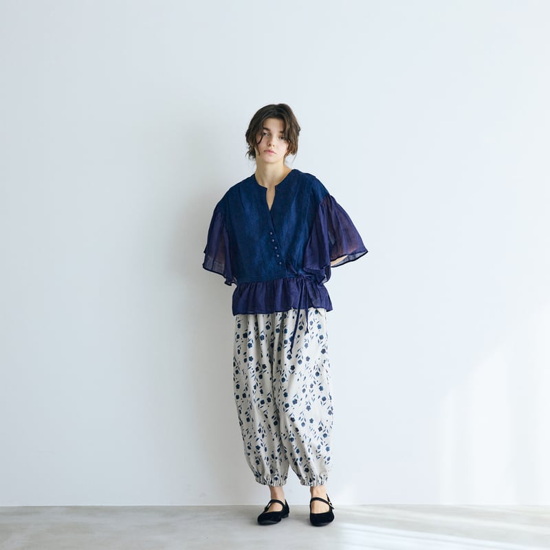 ★45Ｒ★インドネルパッチワークのカシュクールブラウス 完売しました＞インディゴリネン・カシュクールブラウス／ネイビー