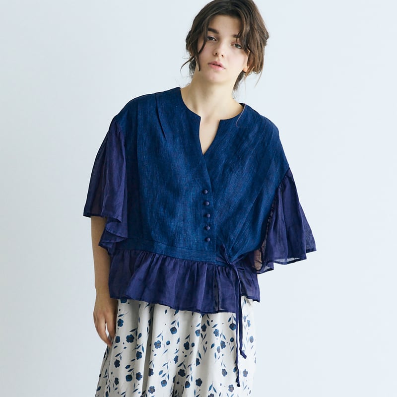 完売しました＞インディゴリネン・カシュクールブラウス／ネイビー