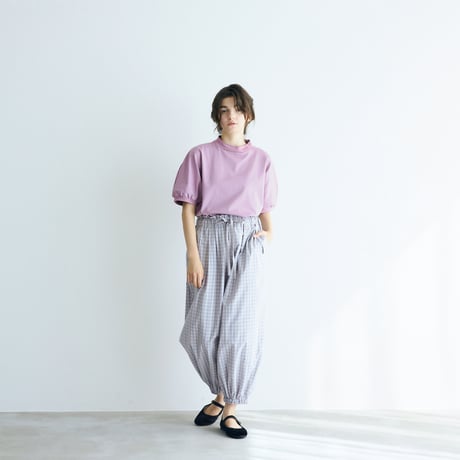 ＜完売しました＞ウォッシュドコットン・バルーンギャザーパンツ／ギンガムグレイ