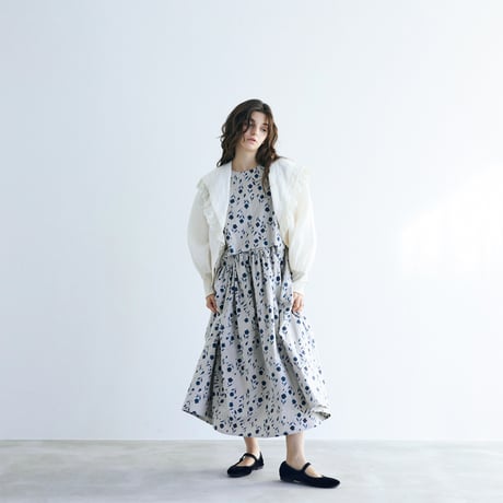 ＜完売しました＞Fleur de brume　コットンリネン・ラウンドスリーブワンピース ／ダスティブルー