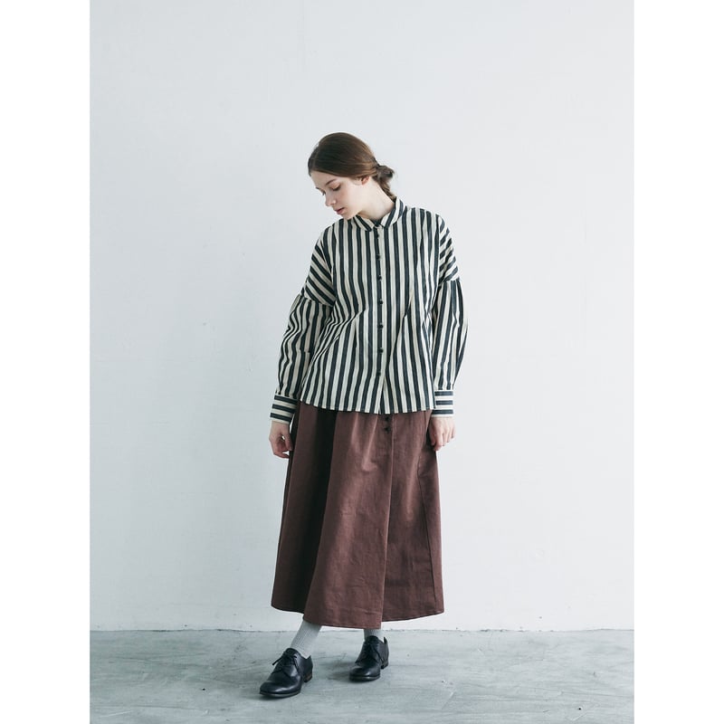 美品　MAGALI マガリ ストライプリネンタックショルダーブラウス コットンリネンストライプ・タックショルダーブラウス／ブラック | MAGALI