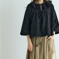 ＜完売しました＞コットンシルクブレイド・フリルカラーブラウス／ブラック