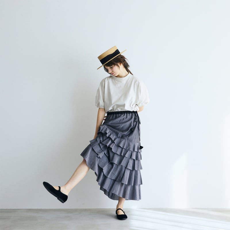 ANAYI シルク混 ティアードスカート 36 チャコールグレー コットンシルクブレイド・ティアードスカート／グレイ | MAGALI