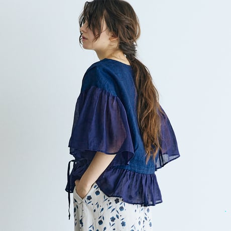 ＜完売しました＞インディゴリネン・カシュクールブラウス／ネイビー