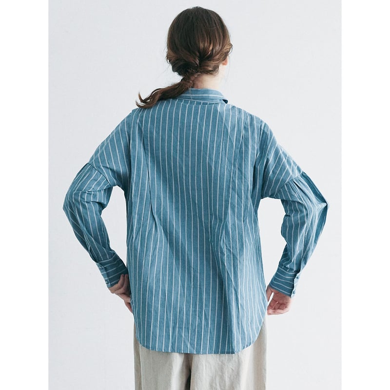 美品 MAGALI マガリ ストライプリネンタックショルダー シャツ