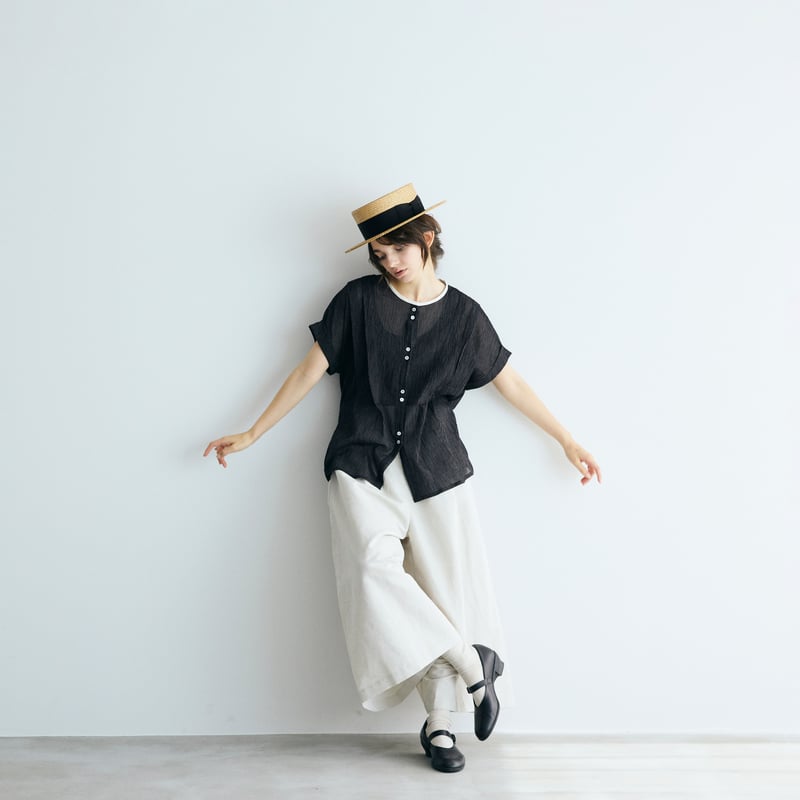 完売しました＞ストライプコットンシフォン・タックブラウス／ブラック
