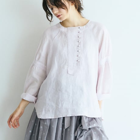 ＜完売しました＞シャンブレーリネン・ぺザントプルオーバー／ピンク