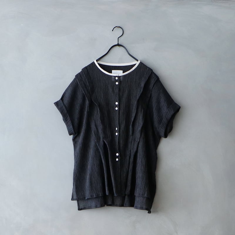 完売しました＞ストライプコットンシフォン・タックブラウス／ブラック