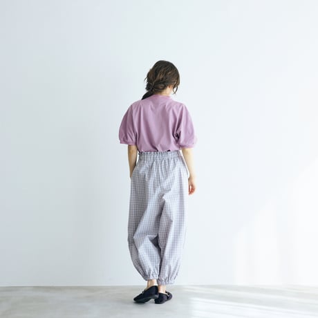 ＜完売しました＞ウォッシュドコットン・バルーンギャザーパンツ／ギンガムグレイ