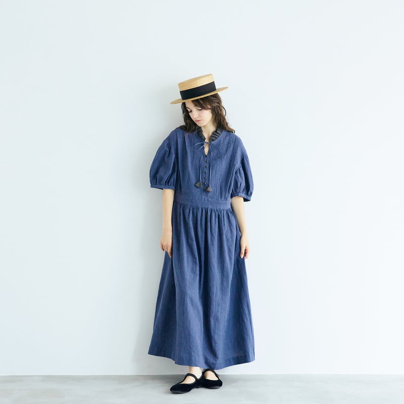 リネンコットンストライプ・アンティークワンピース／ブルー | MAGALI