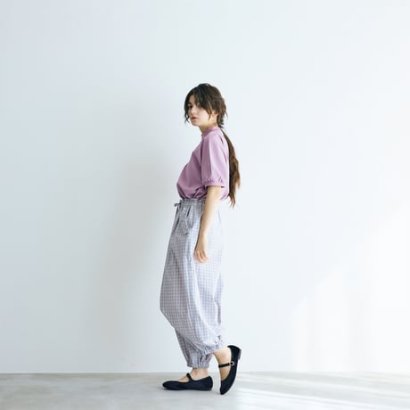 ＜完売しました＞ウォッシュドコットン・バルーンギャザーパンツ／ギンガムグレイ