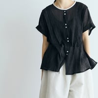＜完売しました＞ストライプコットンシフォン・タックブラウス／ブラック