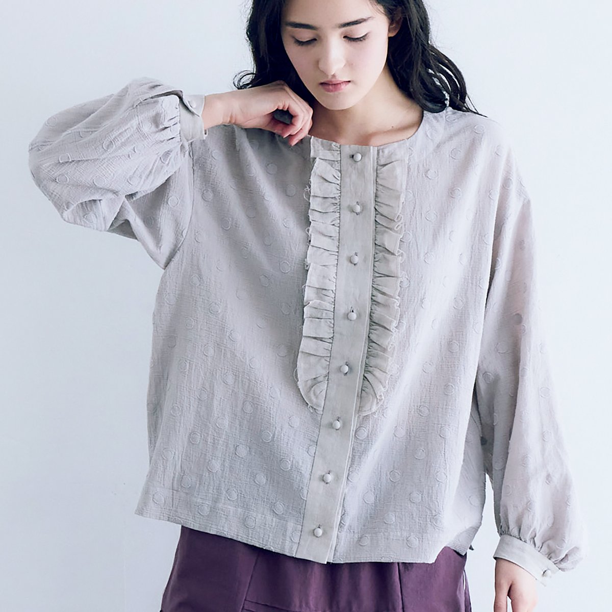 ✨美品✨MAGALI コットンダンテルフリルブラウス ストライプ ギャザー 上品 bl242-m1.jpg