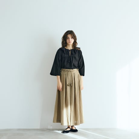 ＜完売しました＞リネンコットンストライプ・タックワイドパンツ／ベージュ