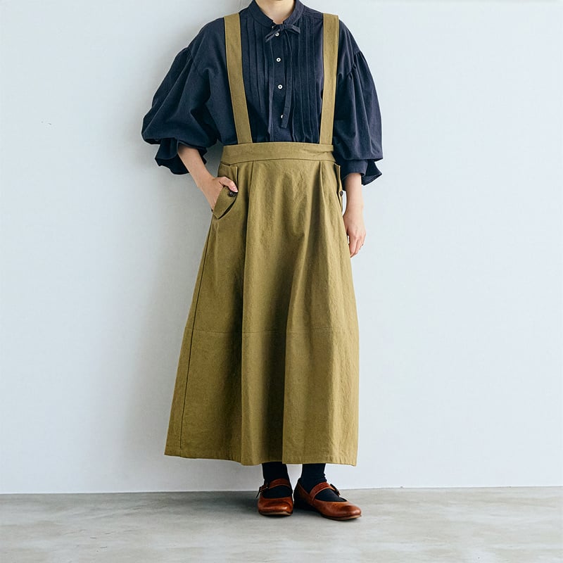 s*mam+ リネン 麻 100% サスペンダー スカート 作家 ハンドメイド キャンバスコットンリネン・サスペンダースカート／カーキ | MAGALI
