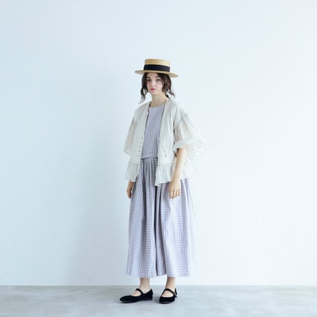 ＜完売しました＞ウォッシュドコットン・ラウンドスリーブワンピース／ギンガムグレイ