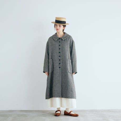 ＜完売しました＞ピエドプール・ウールリネン・フラットカラーコート／ブラック