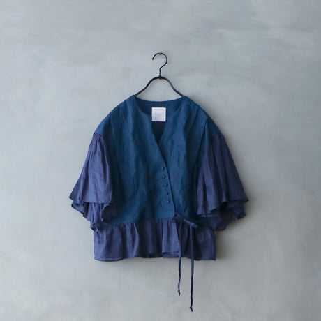 ＜完売しました＞インディゴリネン・カシュクールブラウス／ネイビー