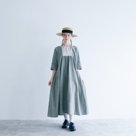 ＜完売しました＞リネンコットンストライプ・ヨーク＆ギャザーワンピース／ベージュ