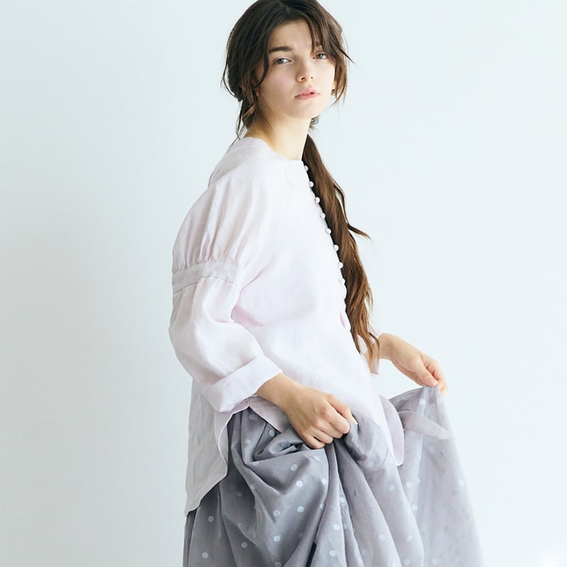 MAGALI / マガリ | シャンブレー リネン リボンタイ プルオーバー ブラウス | F | スモークピンク | レディース 極美品 MAGALIマガリシャンブレーリネン・ファーマー・プルオーバー