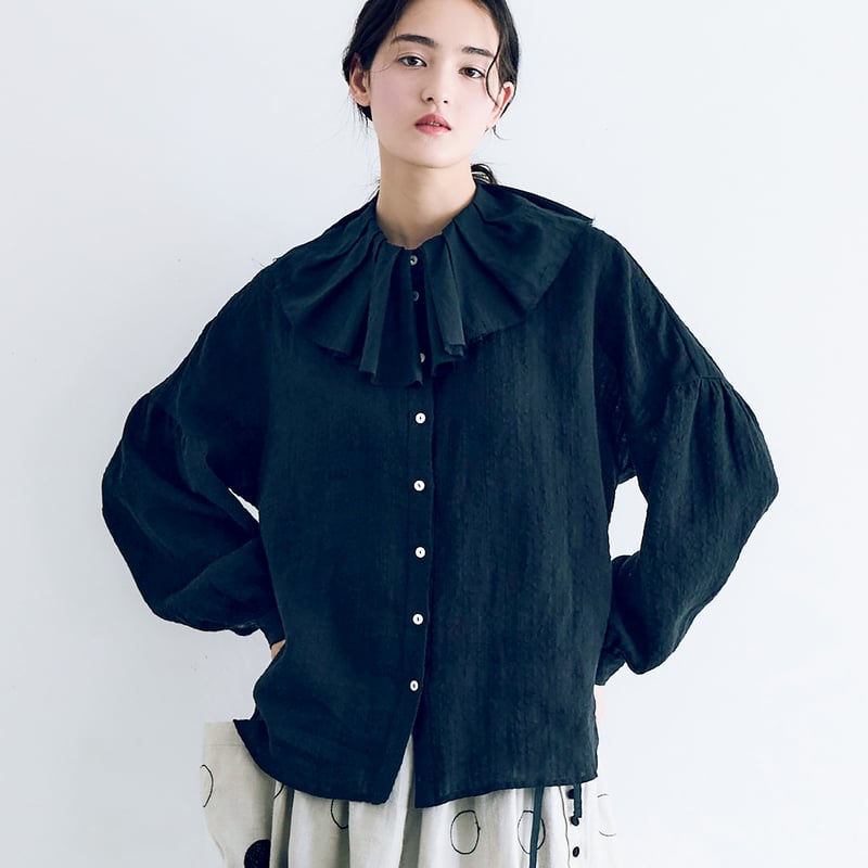 美品【MAGALI】リネン100％ ブラウス ストライプ 袖フリル バイカラー 美品【MAGALI】リネン100％ ブラウス ストライプ 袖フリル バイ